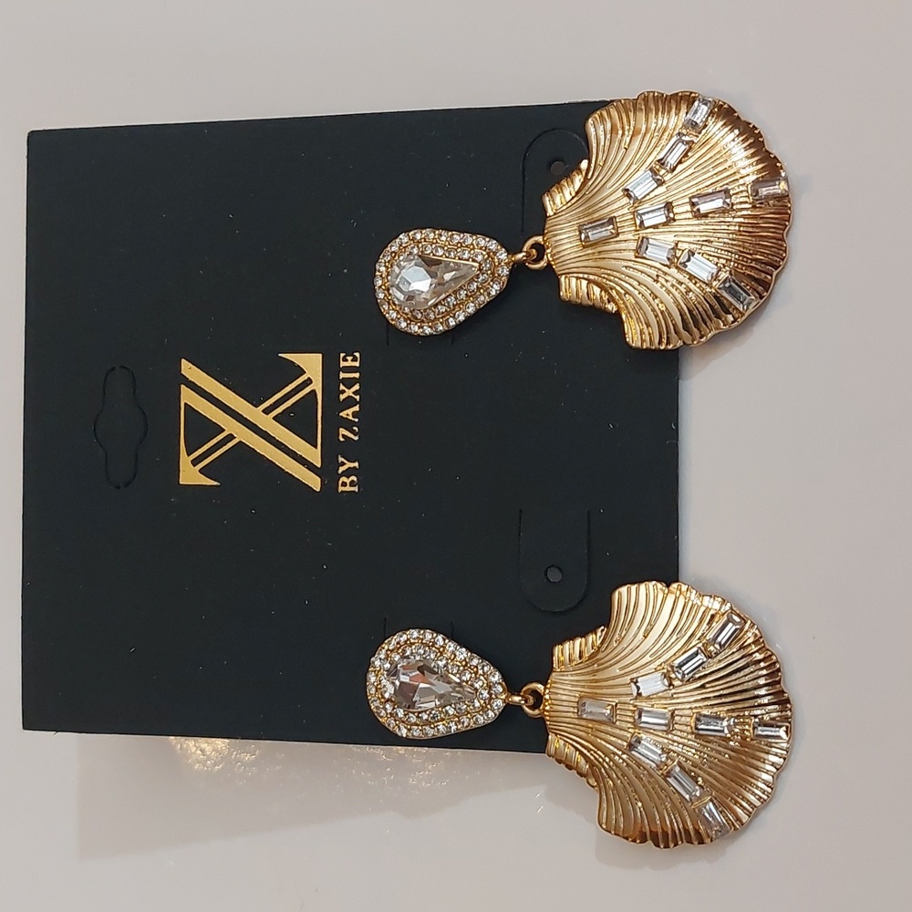 Zaxie Gold Tone Teardrop Stud Shell Drop Statement Earrings Crystal Accents